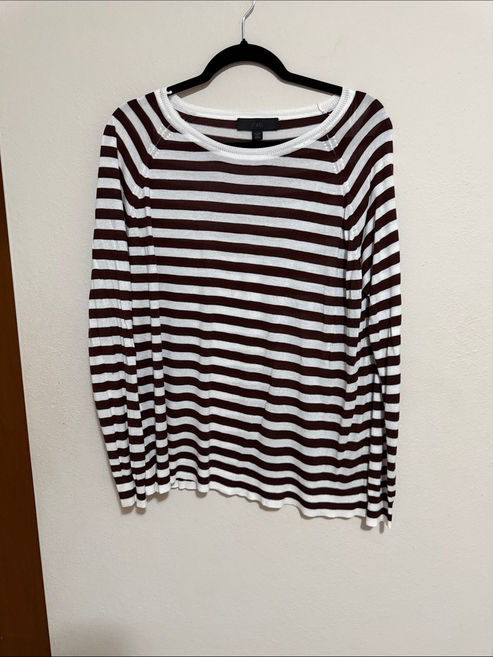 ZARA Striped Long Sleeve Knit Top - White & Dark Brown